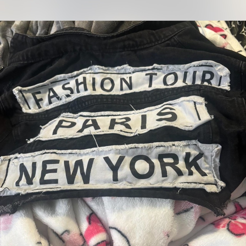 Fashion Nova Black Denim Jacket with City Patches